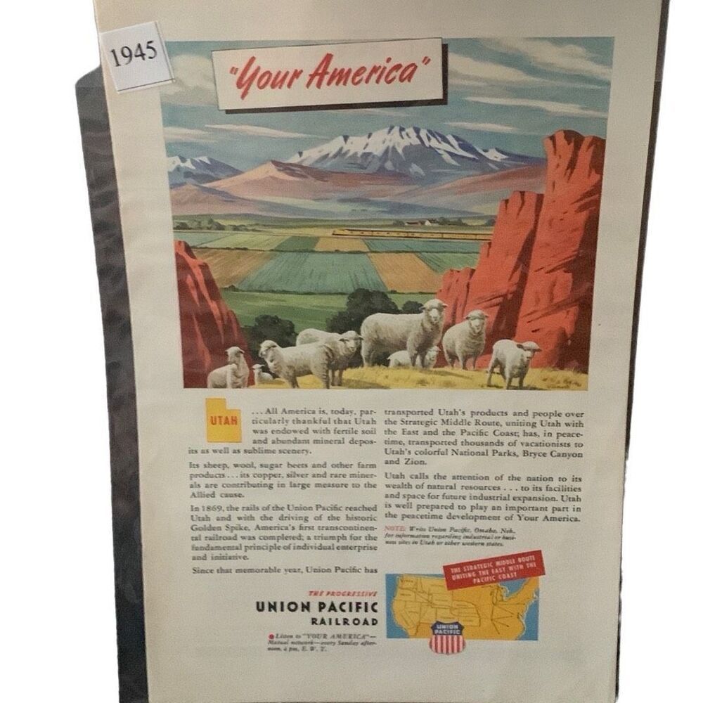 Vintage 1945 Union Pacific Your America Utah Ad Advertisement